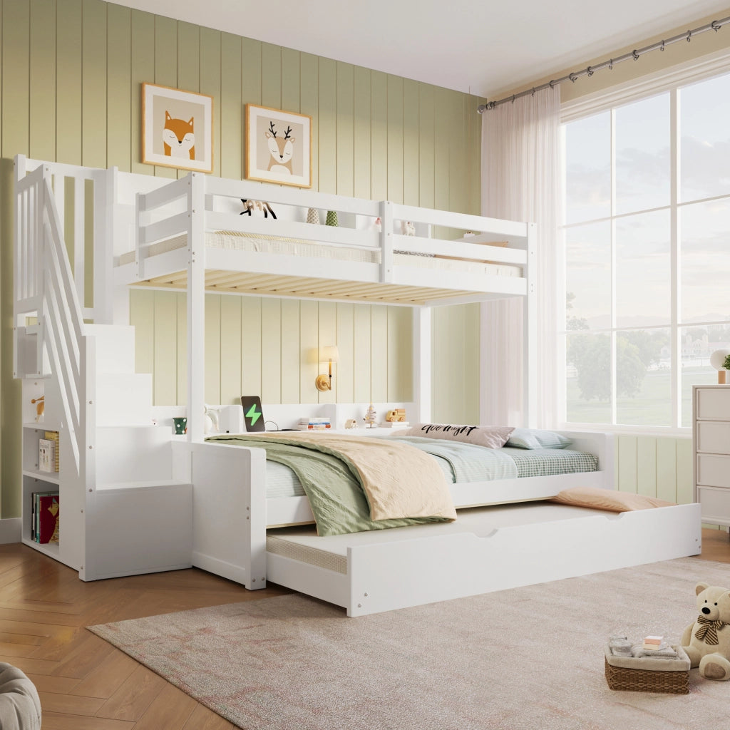 Letto a castello 90 × 200 cm e 140 × 200 cm con letto estraibile; scala contenitore e USB; in legno bianco