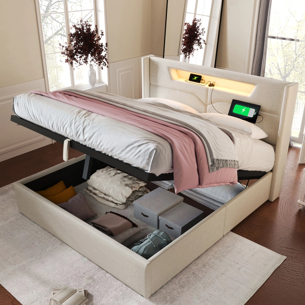 Letto matrimoniale con contenitore 160 × 200 cm imbottito con LED USB e Type-C in lino beige