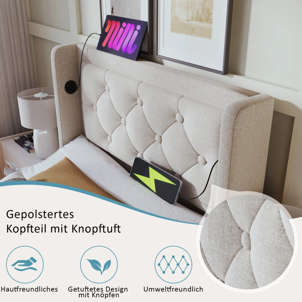 Letto contenitore 90 × 200 cm imbottito in cotone beige con testiera USB Type-C e LED su tre lati