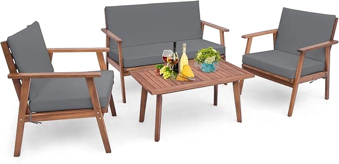 Set di Conversazione da Esterno in 4 Pezzi, Set da Divano in Legno di Acacia con Cuscini Morbidi per Sedile e Schienale, Tavolino da Caffè Rettangolare, per Patio Giardino Piscina (Grigio)