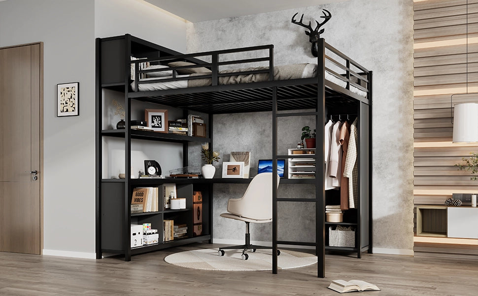 Letto a soppalco 140x200 cm nero in ferro e truciolare con scrivania; armadio e vani portaoggetti