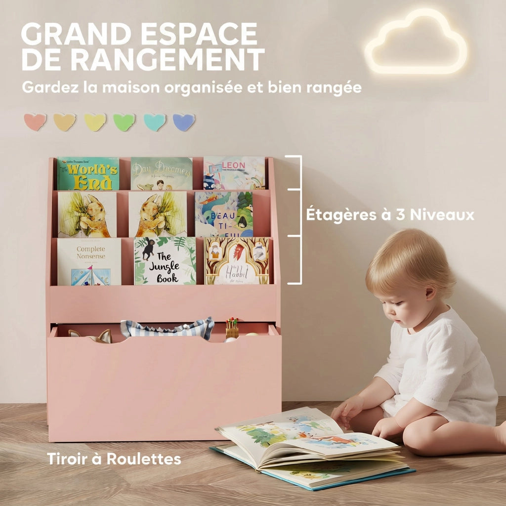 Libreria per Bambini Rosa Mobile Portaoggetti con 3 Ripiani e Cassetto Salvaspazio per Cameretta 62,5 x 30 x 70 cm