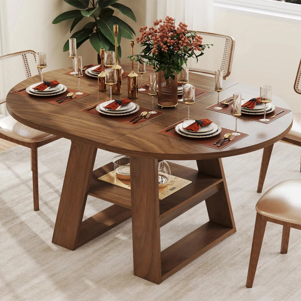 Tavolo da Pranzo Rotondo/Ovale Allungabile Ø110/150x110 cm con Ripiano LEMONMAX; 4-6 Posti; Allunga Integrata; Effetto Noce; MDF
