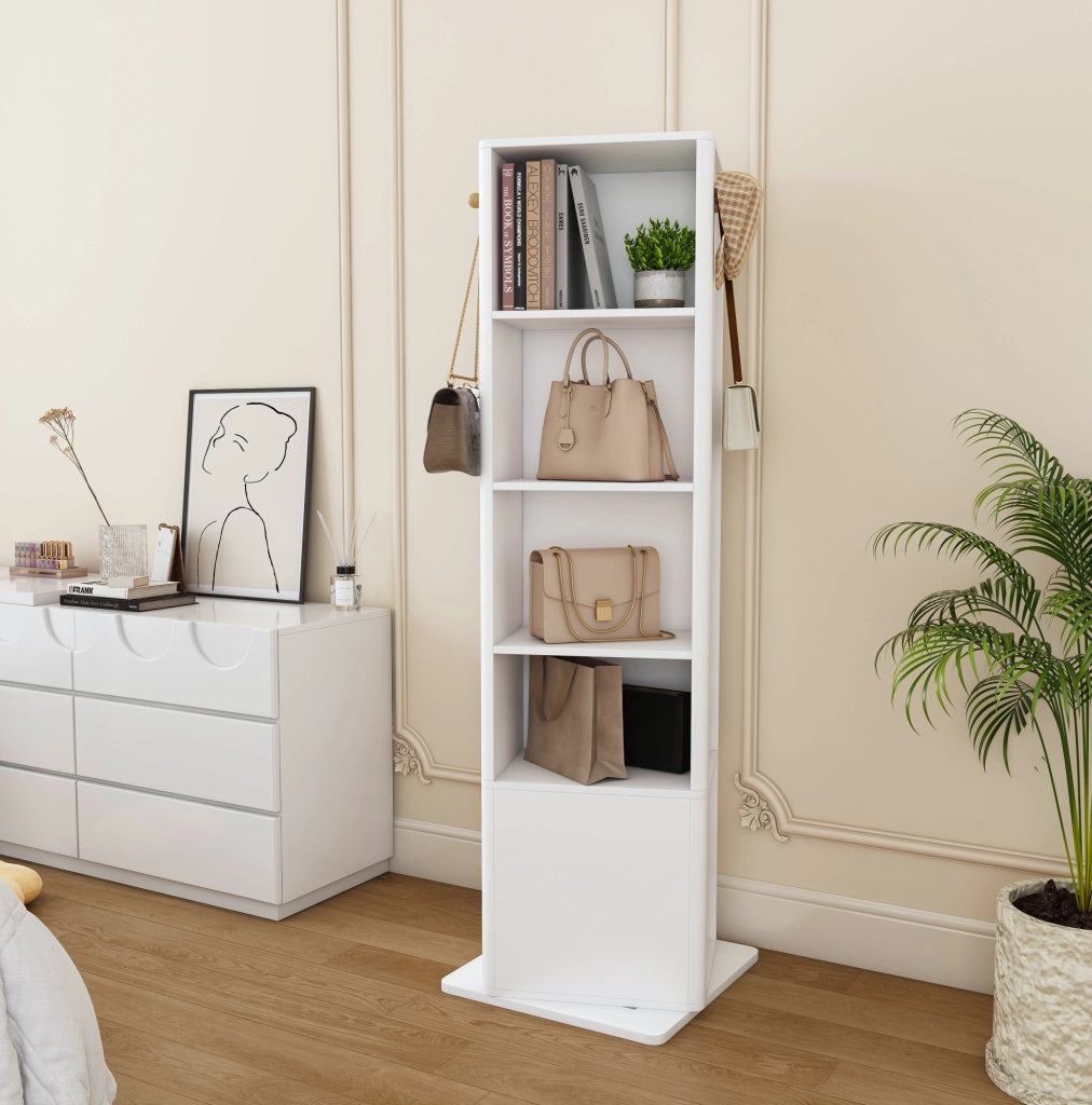 Mobile portagioie 4 in 1 girevole a 360° con specchio a figura intera; ripiani e 6 ganci; bianco