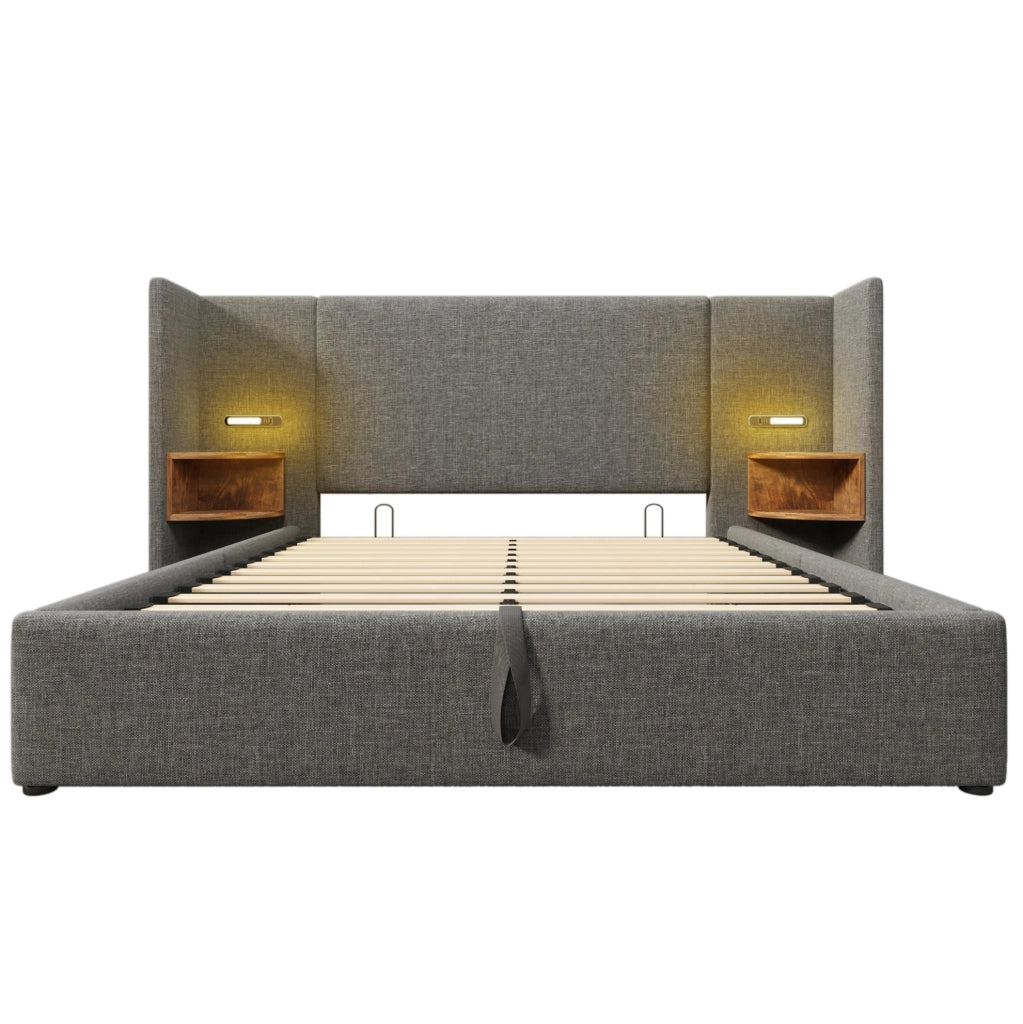 Letto imbottito 160x200 cm grigio con vano contenitore, luce LED, USB e Type-C