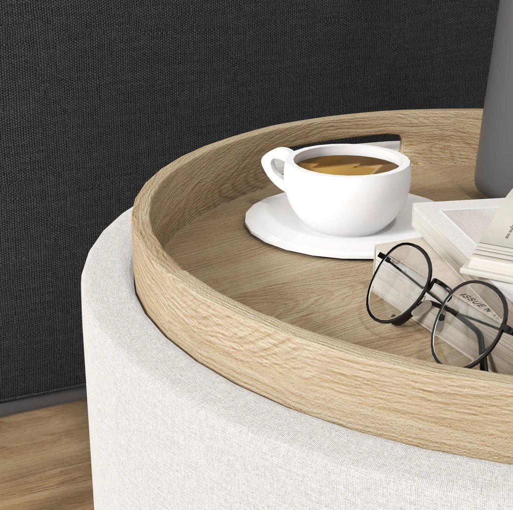 Pouf rotondo ULEVR ?56x42 cm con vano contenitore e coperchio reversibile, effetto lino bianco crema