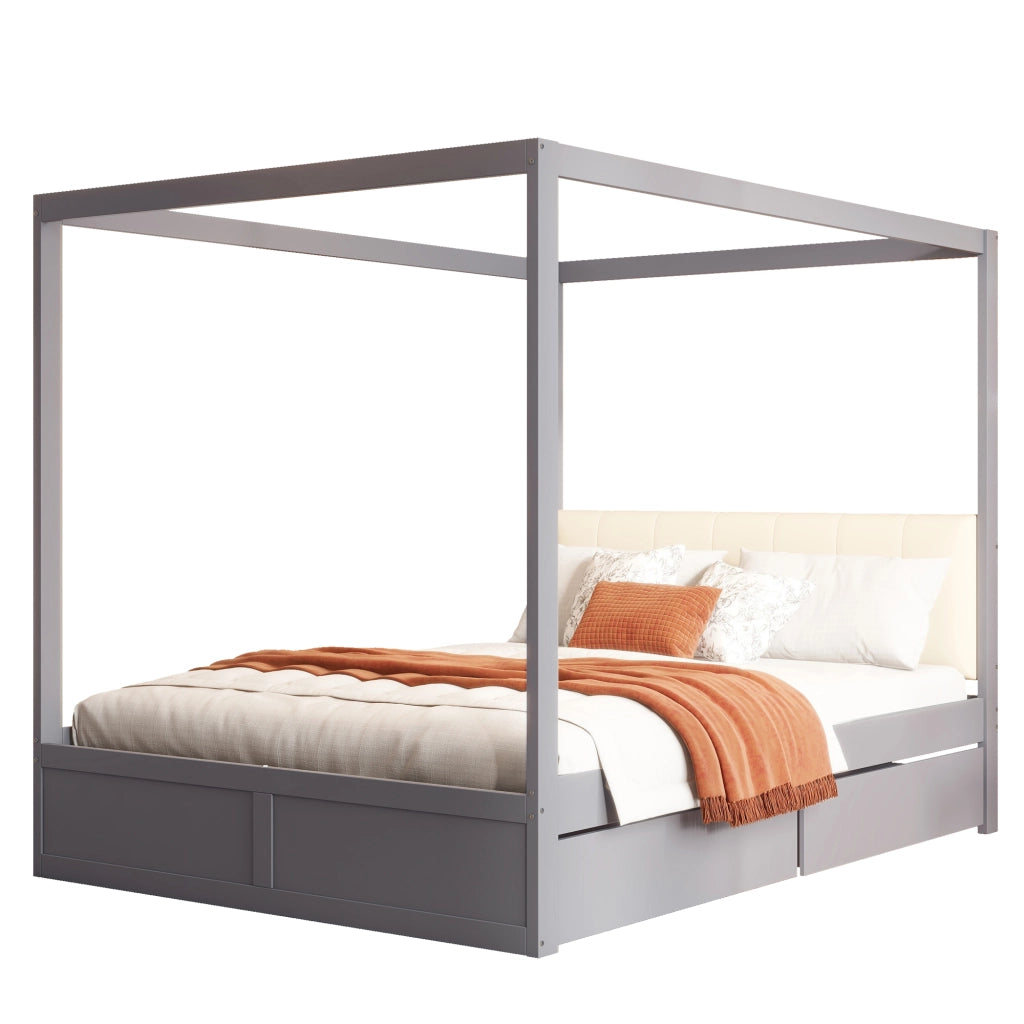 Letto a tenda 140x200 cm con due cassetti; schienale imbottito e struttura in legno; grigio e bianco