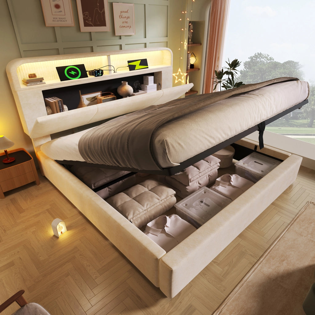 OKWISH Letto Contenitore 180×200 cm, Letto Matrimoniale con Testiera Regolabile, LED Regolabile, USB e Tipo C, senza Materasso, in Velluto, Beige