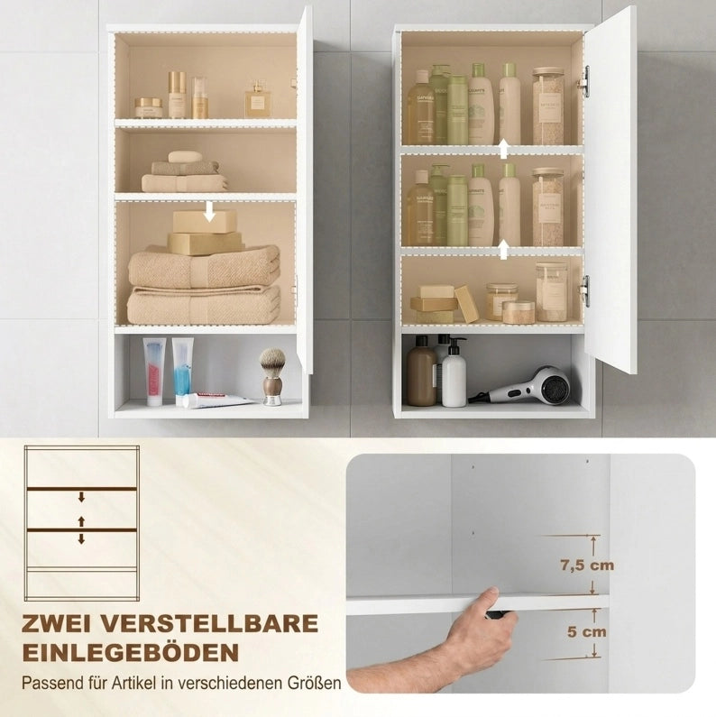 Mobile bagno da parete bianco con anta, ripiani regolabili e vano aperto