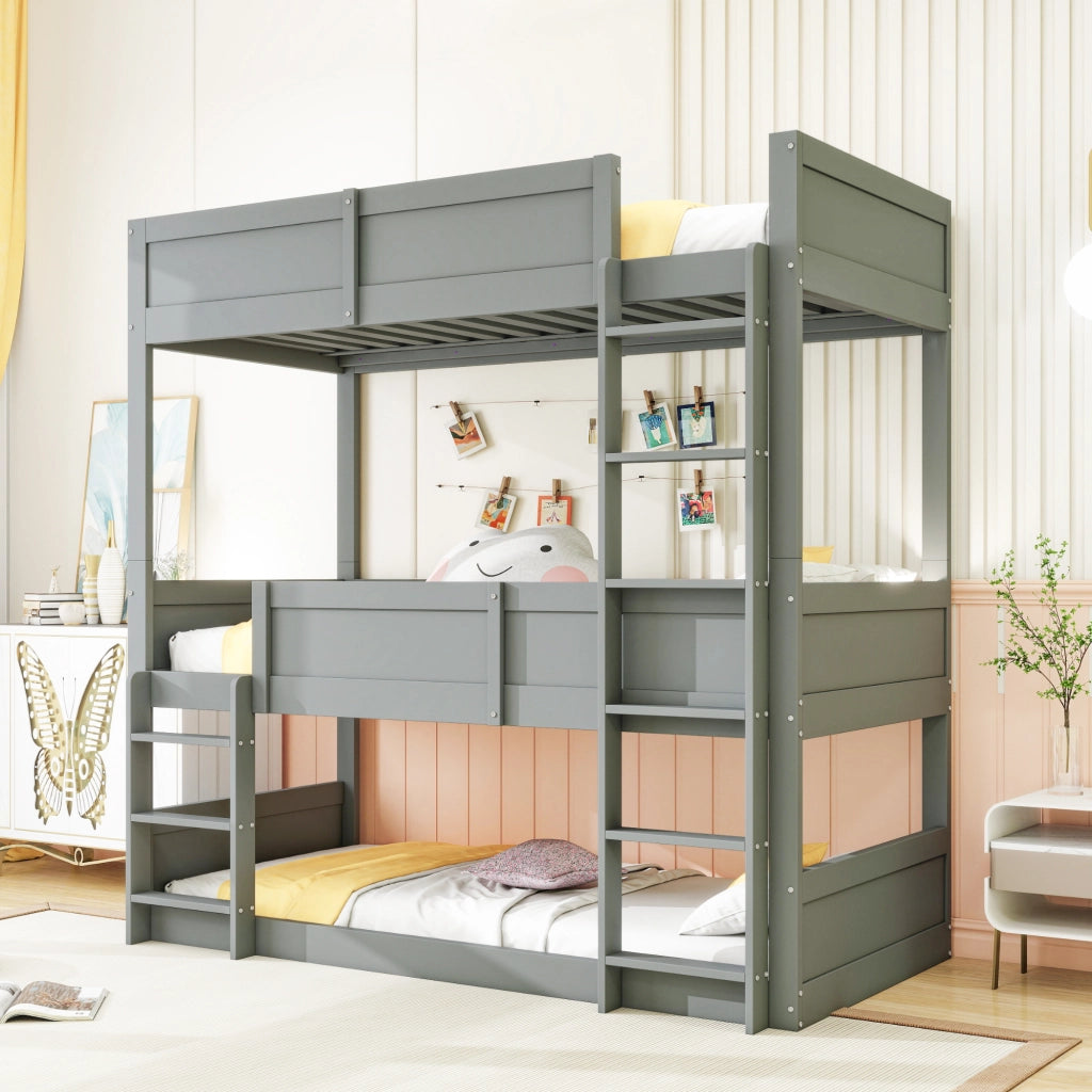 Letto a castello triplo per bambini 90 × 200 cm in legno grigio modulare con sponde alte e tre posti letto