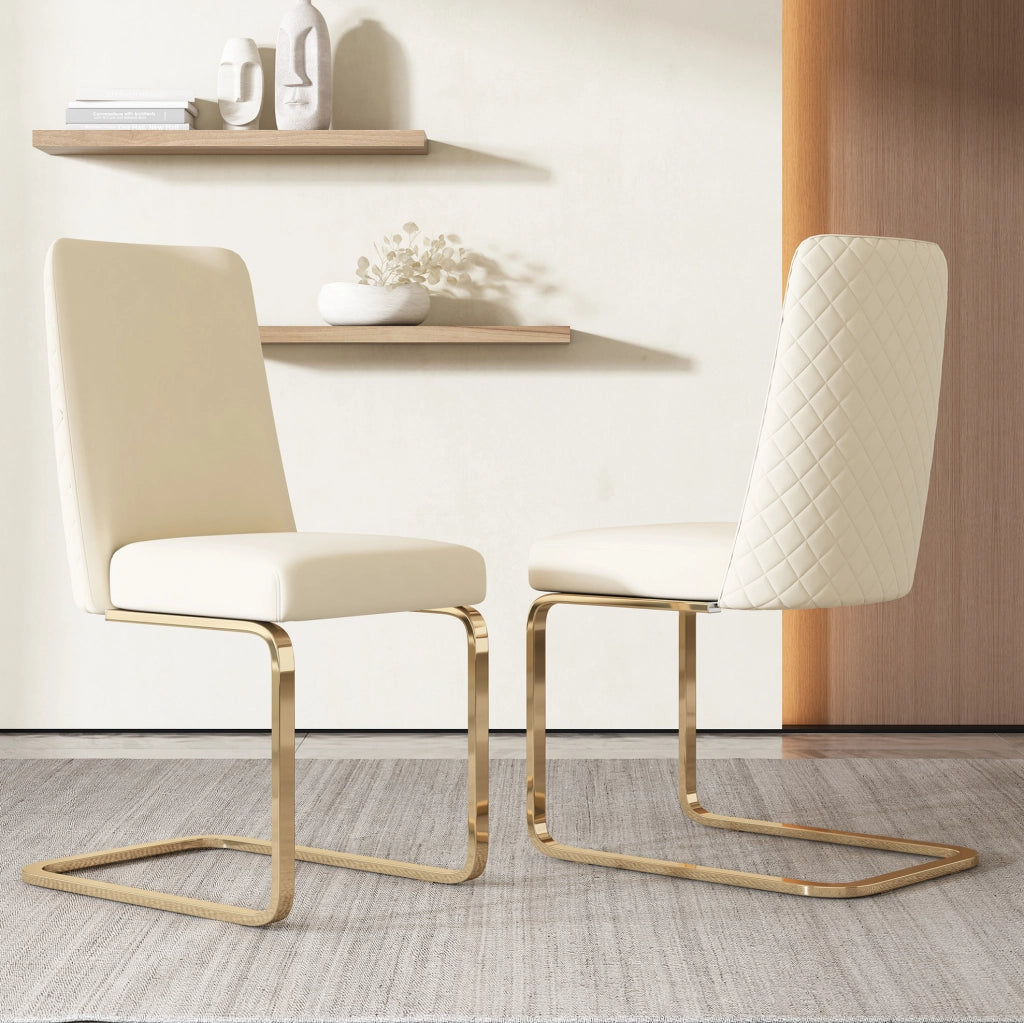 Set di 4 sedie da pranzo in velluto beige con schienale a rombi e gambe in metallo