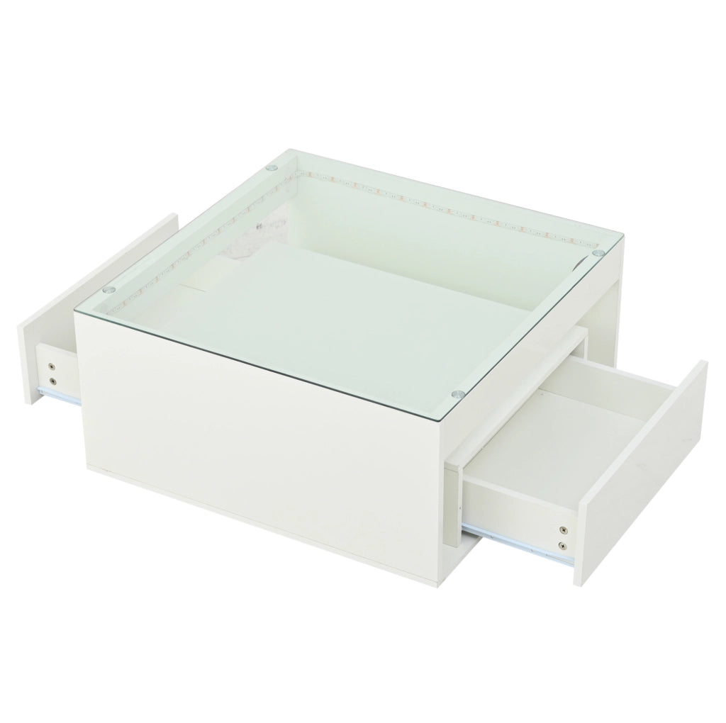 Tavolino da salotto 70x70 cm con 2 cassetti; LED e piano in vetro temperato bianco HOMVRA