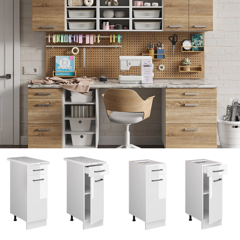 Vicco Base universale Bianco lucido 30 cm con cassetto, con piano di lavoro