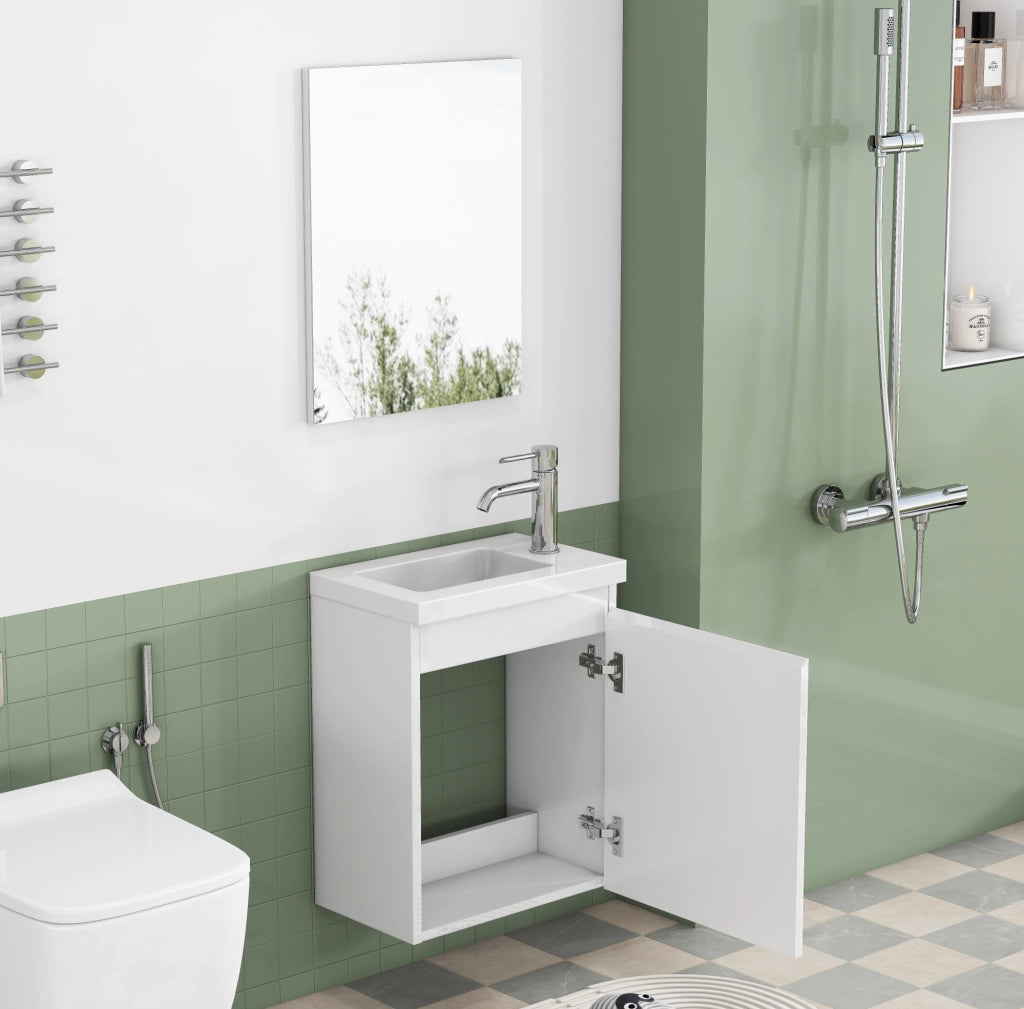 Mobile bagno sospeso 40 cm bianco lucido con lavabo in ceramica e specchio, design senza maniglie con cerniere ammortizzate, preassemblato