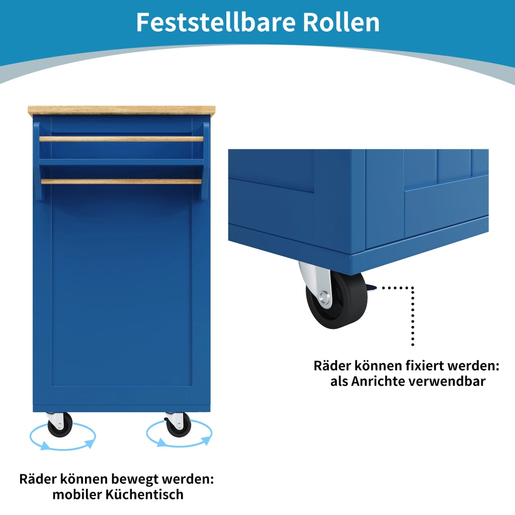 Mobile base da cucina con ruote bloccabili portabottiglie e ripiani laterali MDF blu 102 × 45 × 92 cm