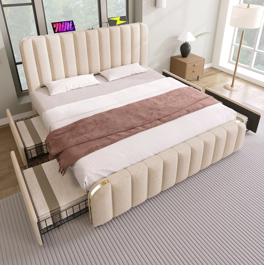Letto matrimoniale imbottito 180x200 cm in lino beige con 4 cassetti; USB e materasso