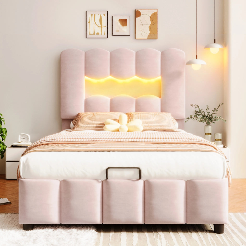 Letto Singolo Imbottito 90x200 cm in Velluto con Contenitore Idraulico; LED; Testiera; Rosa
