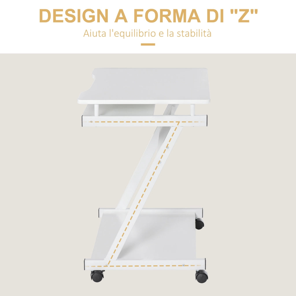 Tavolo Porta PC Classico e Salvaspazio, Piano Tastiera a Scomparsa, 4 Ruote e Ripiano Inferiore Bianco 60x48x73cm