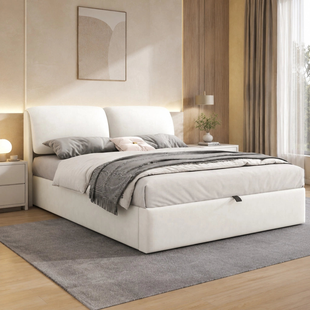Letto matrimoniale contenitore 140 × 200 cm con tre cassetti in velluto beige e testiera regolabile