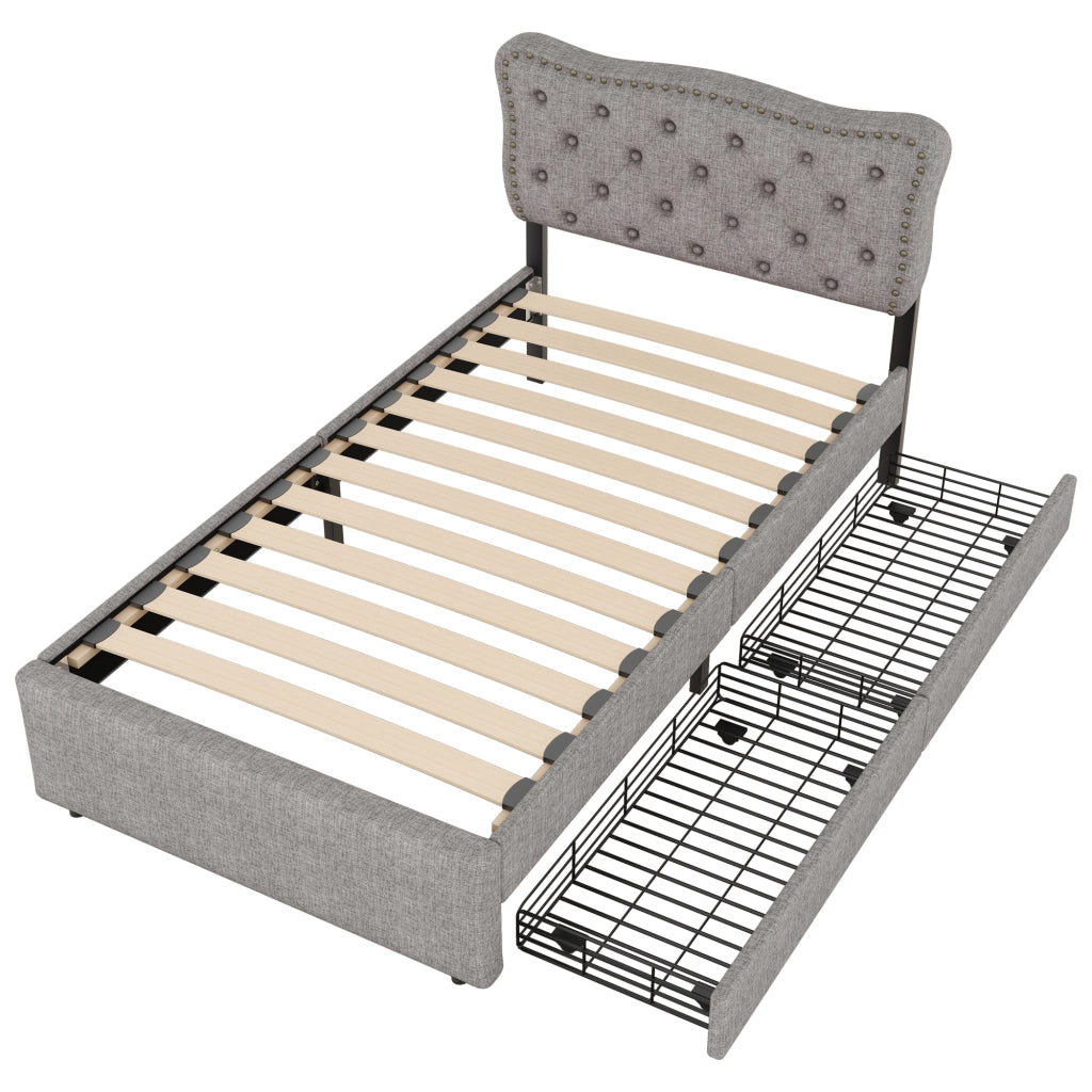 LETTO imbottito 90x200 cm con 2 cassetti in MDF e lino grigio