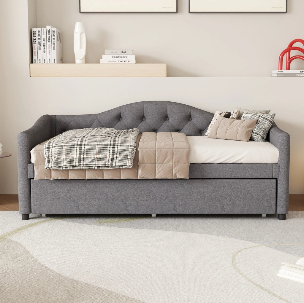 Letto singolo 90x200 cm in lino grigio con letto estraibile, senza materasso