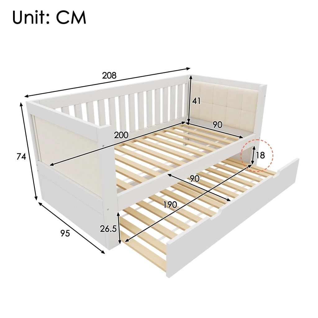 Letto con letto estraibile 90 × 200 cm con secondo letto 90 × 190 cm in legno bianco con rete a doghe