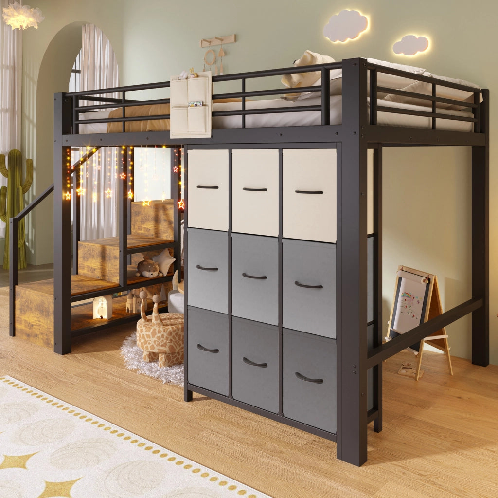 Letto a soppalco 140x200 cm con scale contenitore; cassettiera e appendiabiti nero HOMVRA