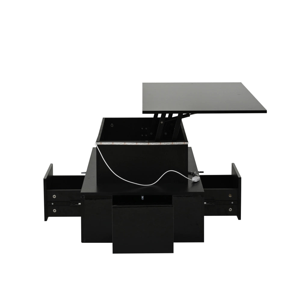 Tavolino da caff¨¨ 100x50 cm elevabile con LED, 4 cassetti e USB in MDF nero