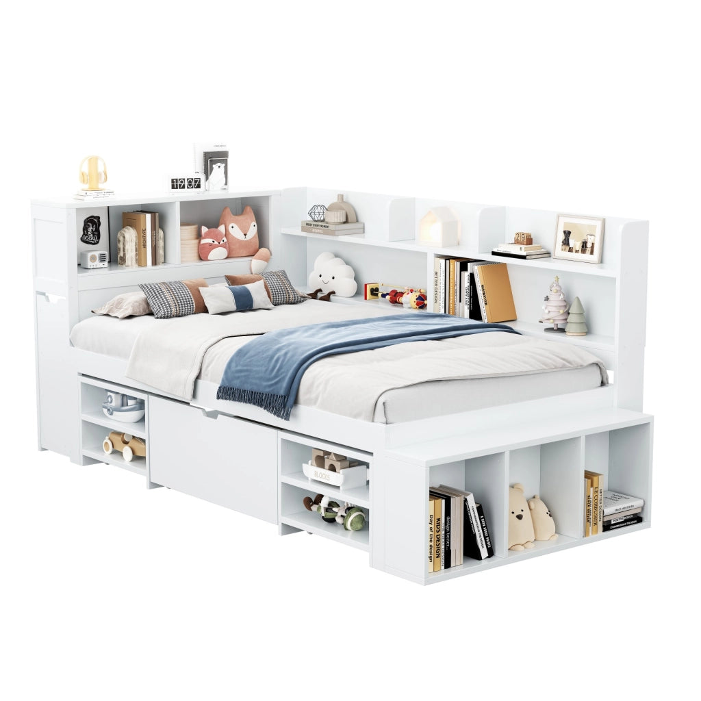 Letto con cassetti 90 × 200 cm con armadio e libreria in compensato bianco