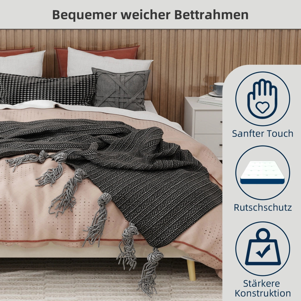 Letto matrimoniale 160 × 200 cm 2 posti con testiera alta e spazio sottostante, senza materasso, velluto beige