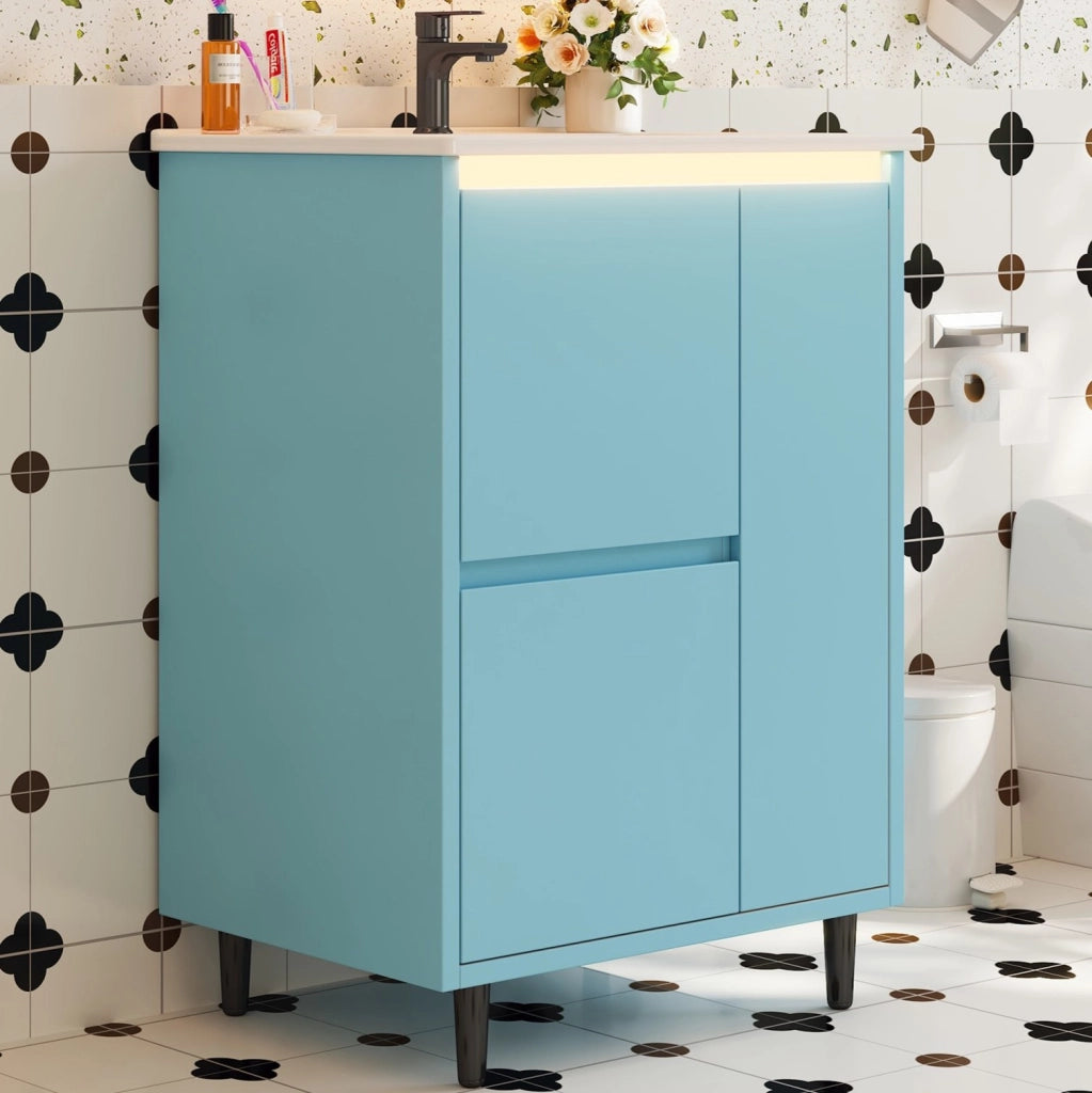Mobile bagno ULEVR 61x46,5x87 cm con lavabo in ceramica, 2 cassetti e anta soft-close, blu