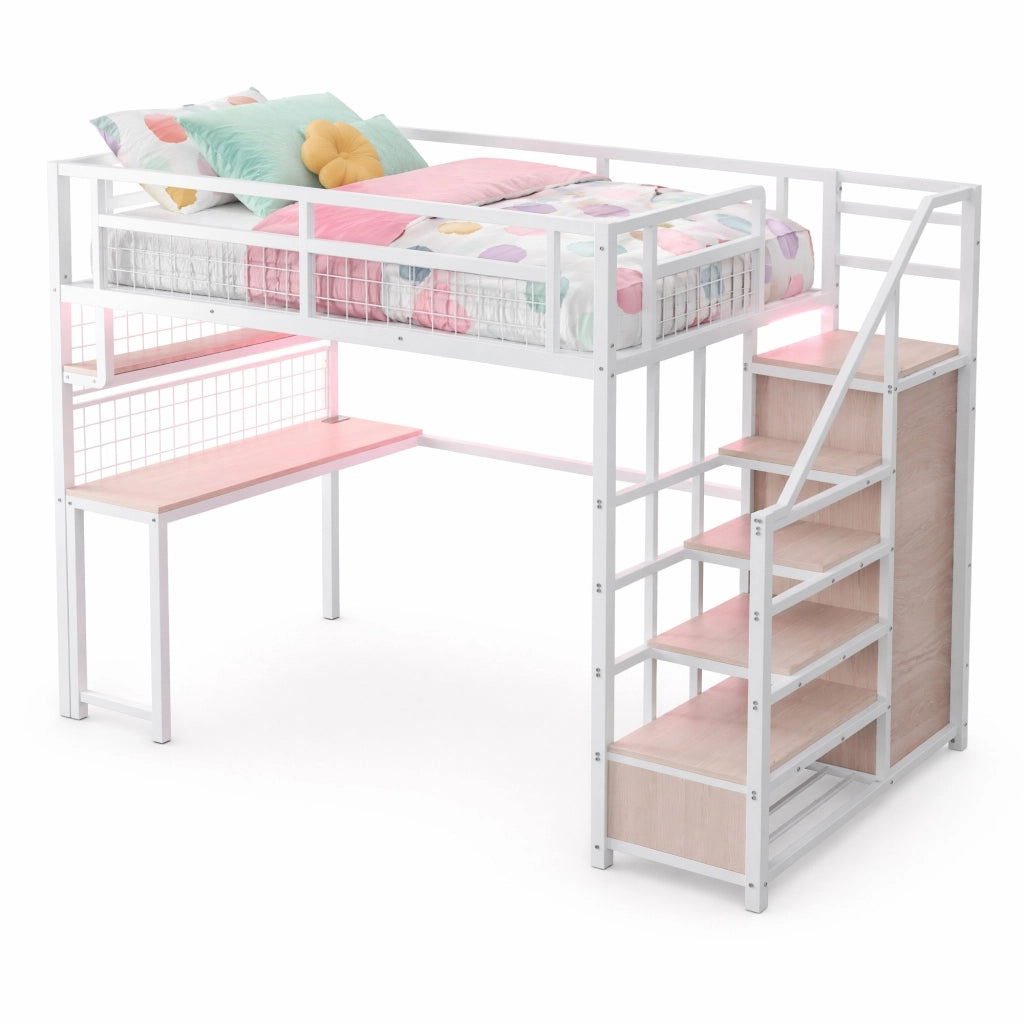 Letto a soppalco in metallo 140x200 cm con scrivania, scala contenitore e presa, bianco