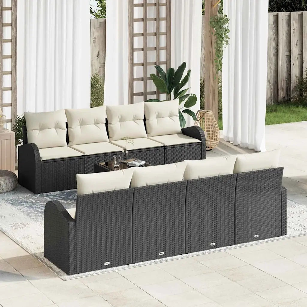 Set Divano da Giardino 9 pcs Nero e Crema polyrattan