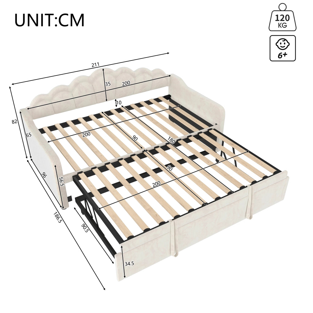 Letto con letto estraibile 90 × 200 cm doppia superficie 180 × 200 cm con LED regolabili in velluto beige
