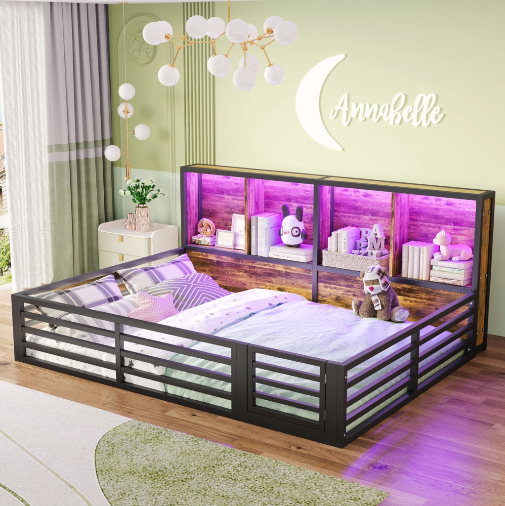 LETTO a sponde 140x200 cm Nero in Metallo e MDF con LED