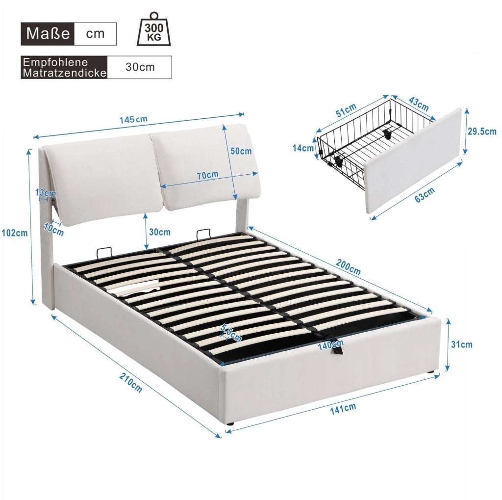 Letto imbottito 140x200 cm con contenitore; 3 cassetti; testiera; velluto beige