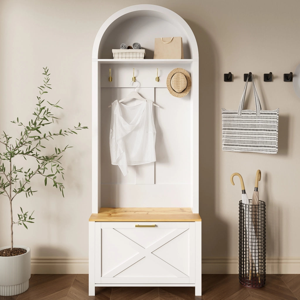 Set mobili da ingresso con scarpiera in MDF bianco e legno