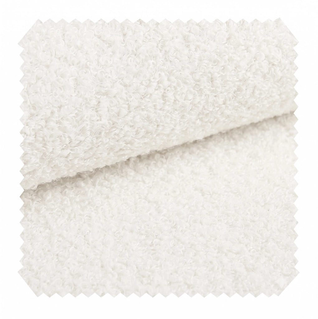 Panca contenitore bianca 186x47x61 cm con tessuto Chenille Bouclé e gambe in legno di gomma, raggio idraulico soft-close, carico max 150 kg