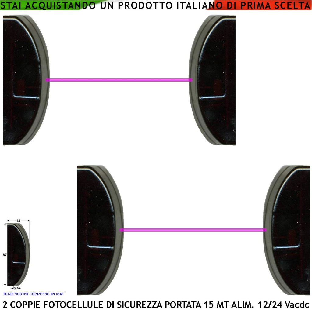 Fotocellule 2 Coppie Controllo Sicurezza Cancello Elettrico Automatico Cellula Portata 15 Metri Lineari Montaggio a Parete o Palina Alimentazione 12/24 Vac