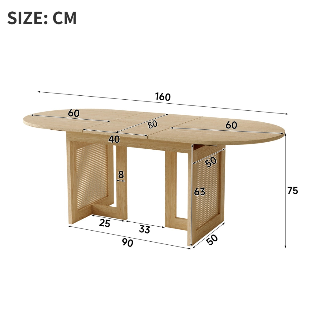 Tavolo da pranzo allungabile 120/160x80 cm con gambe in rattan color quercia, per 6-8 persone, con angoli arrotondati e piano spesso in MDF