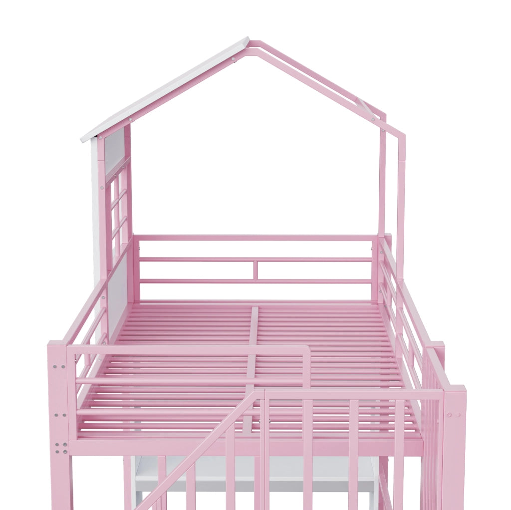 Letto a soppalco in ferro 90x200 cm con sponda alta, scala sicura reversibile e scaffalatura multi-livello, colore rosa