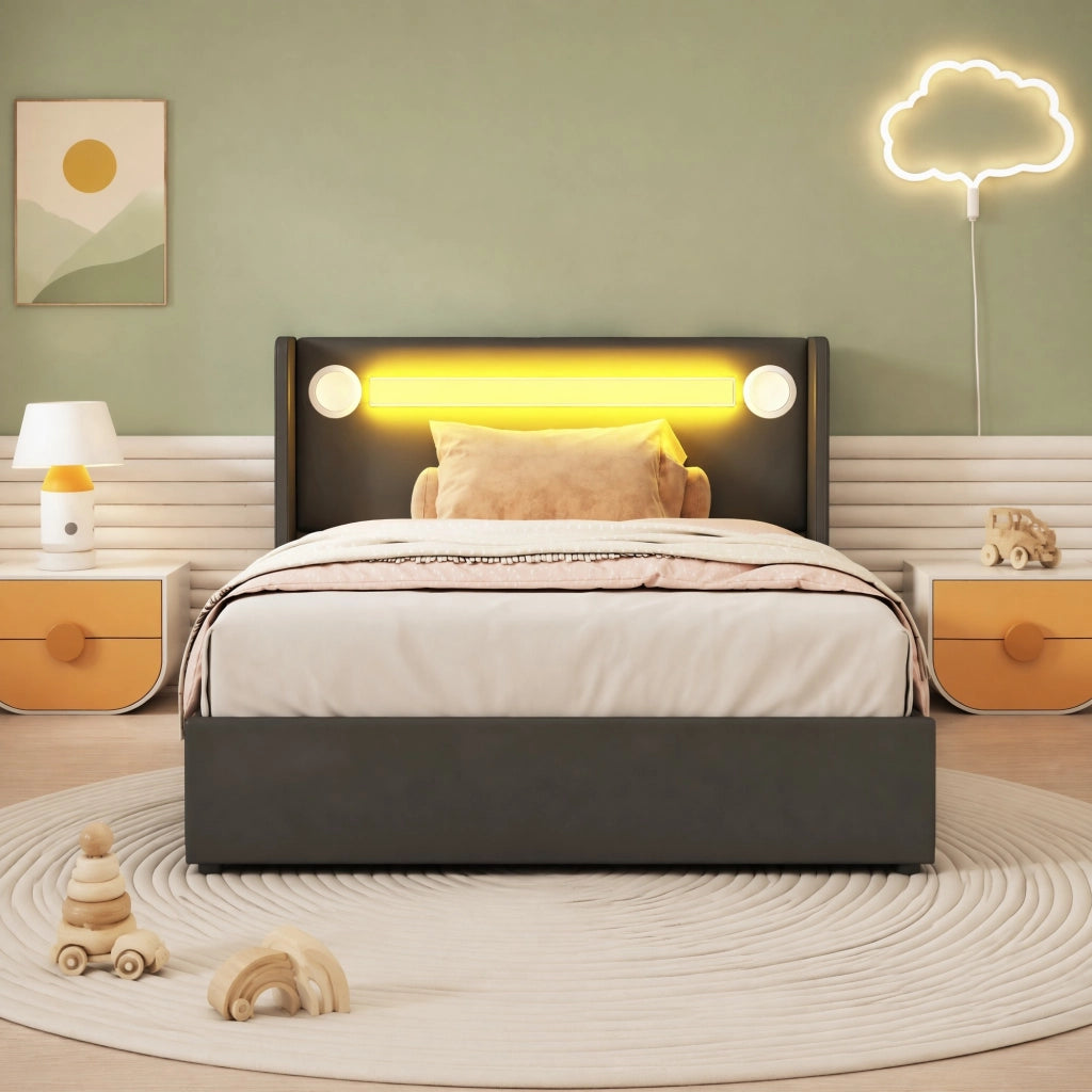 Letto imbottito 90x200 con LED, Bluetooth e ampio contenitore