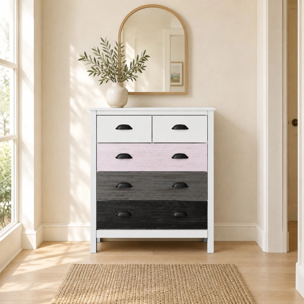 Cassettiera bianca con 5 cassetti e dispositivo anti-ribaltamento 70x38x85 cm per soggiorno e camera da letto