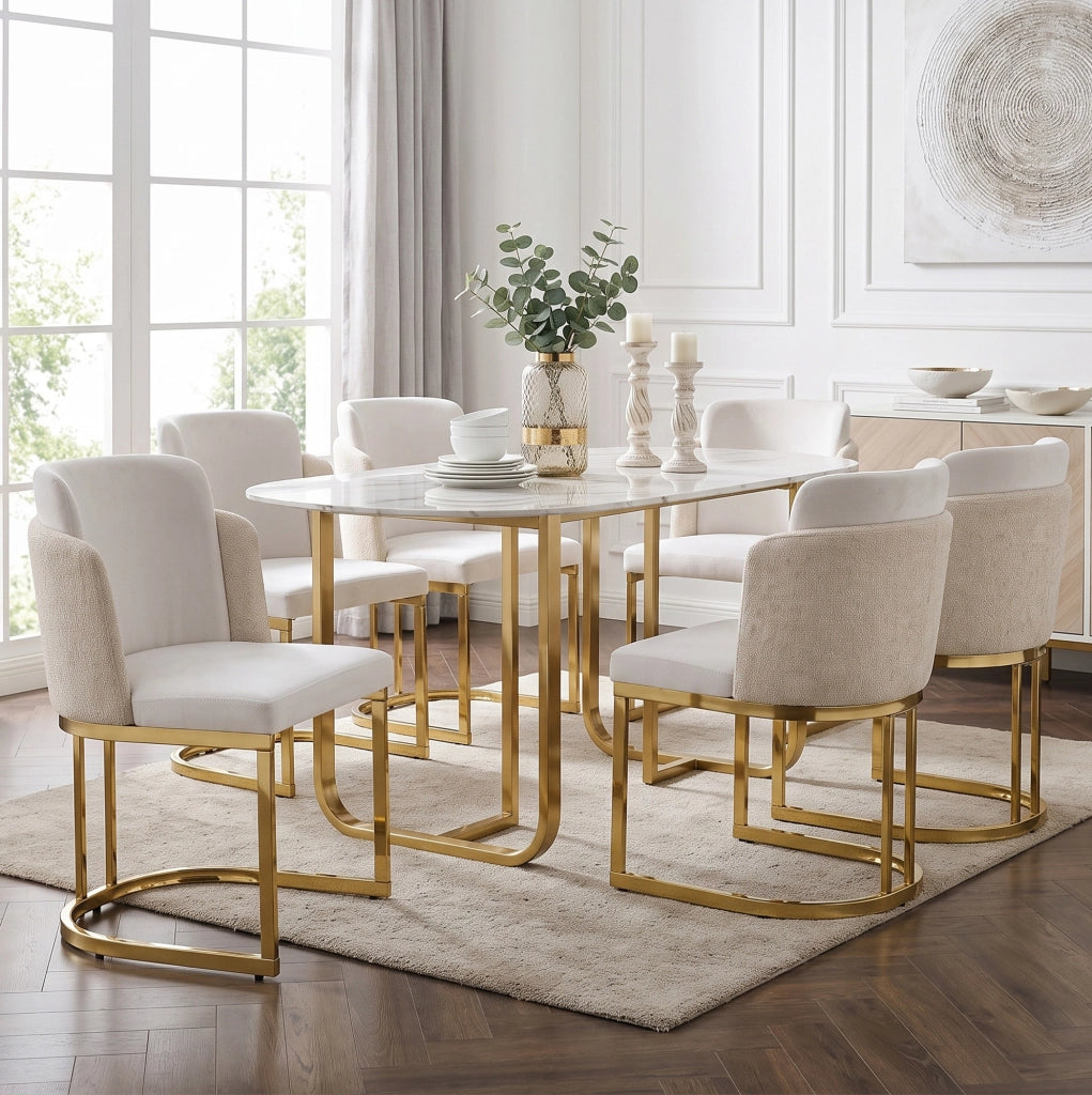 Set di 4 sedie da pranzo in ciniglia beige e oro