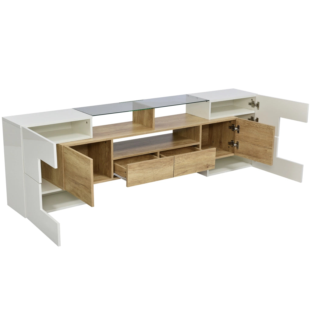 Mobile TV 200 cm con LED multicolore in MDF e truciolare bianco lucido e color legno