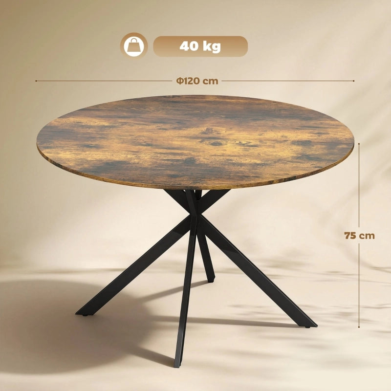 Tavolo da pranzo rotondo per 4 persone con gambe in acciaio a X e piano in legno marrone rustico diametro 120 cm