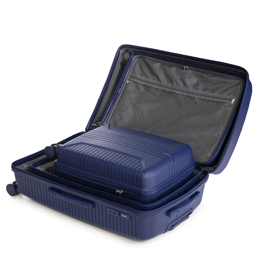 Set 3 valigie blu in polipropilene; ruote spinner 360 e chiusura a combinazione