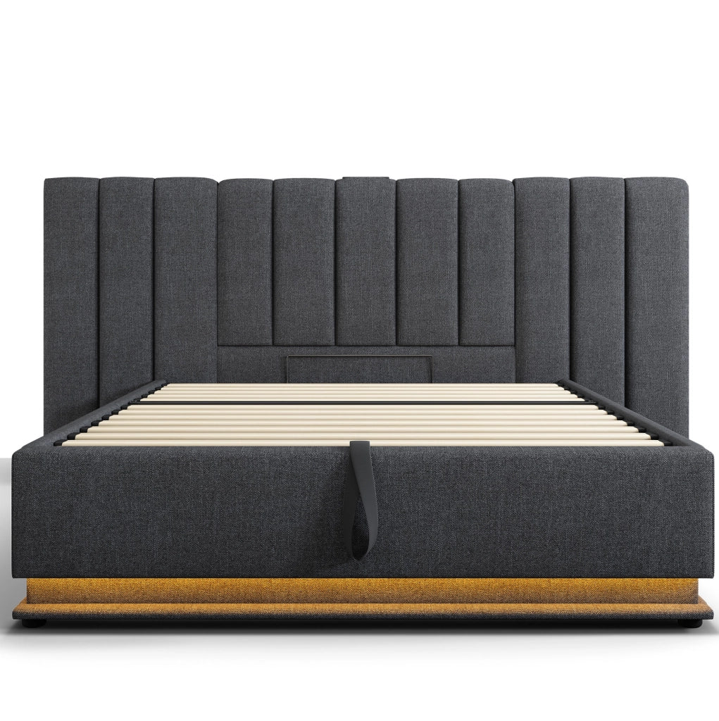 Letto contenitore 160x200 cm con LED 360°; USB e USB-C; lino grigio