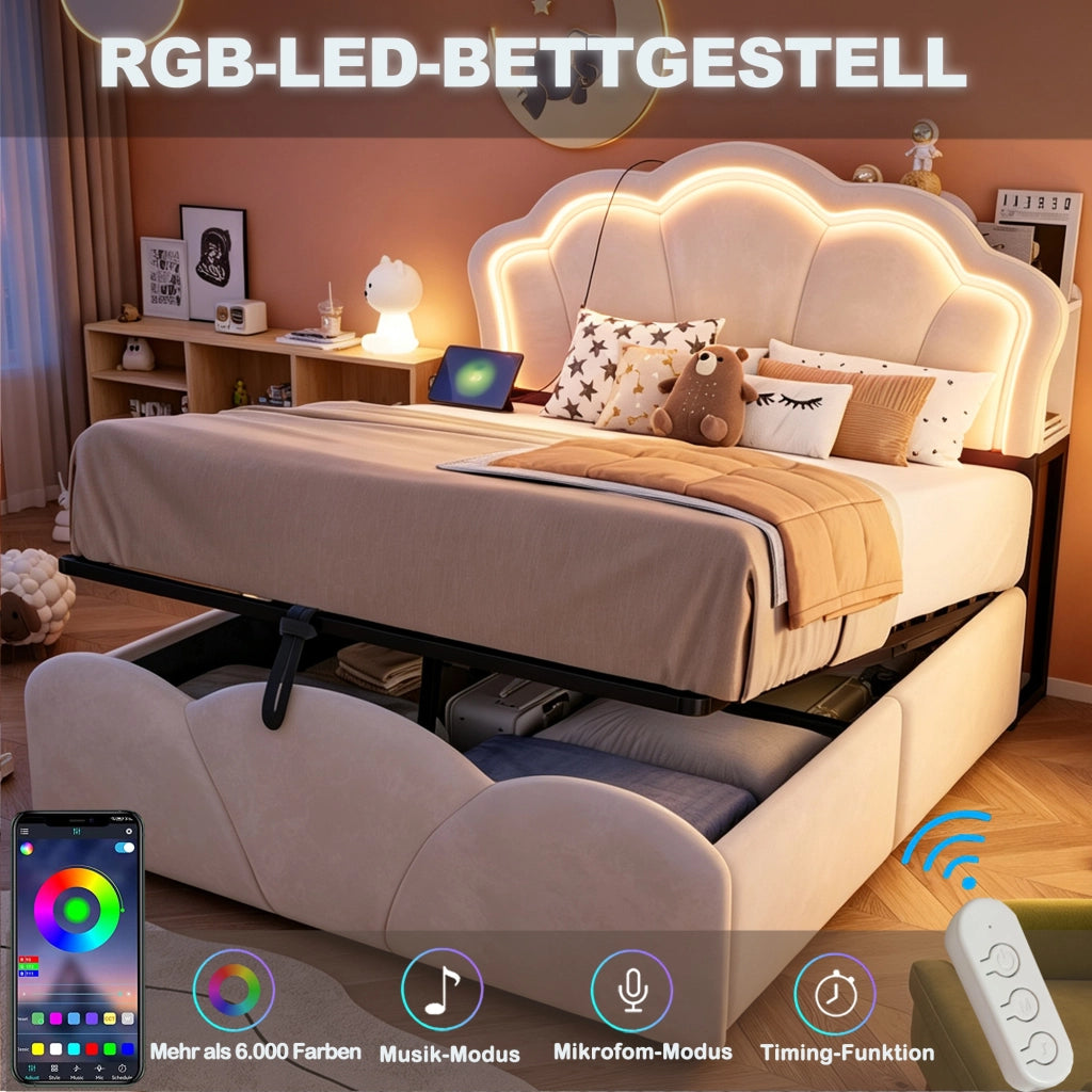 Letto imbottito 140 × 200 cm con contenitore idraulico in velluto beige LED prese e vani nella testiera