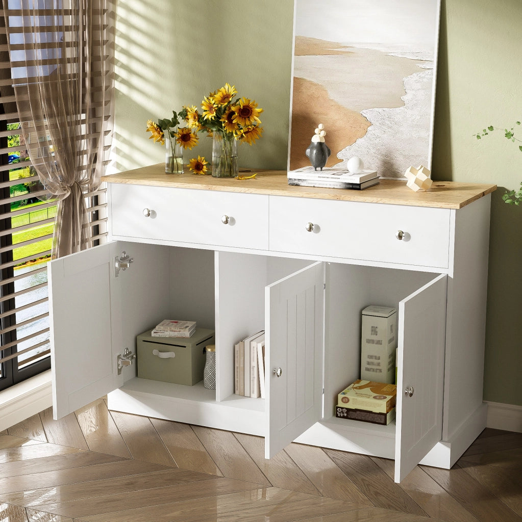 Credenza bianca e legno con texture incisa, 120x36x80,5 cm, 3 ante e 2 cassetti